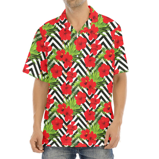Red Hibiscus Chevron Pattern Print Aloha Shirt