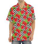 Red Hibiscus Chevron Pattern Print Aloha Shirt