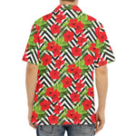Red Hibiscus Chevron Pattern Print Aloha Shirt