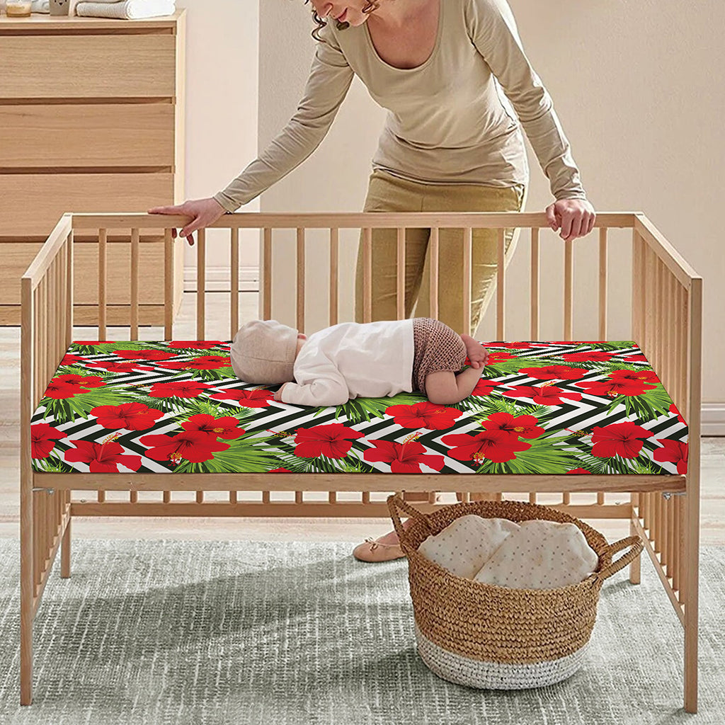 Red Hibiscus Chevron Pattern Print Baby Crib Sheet