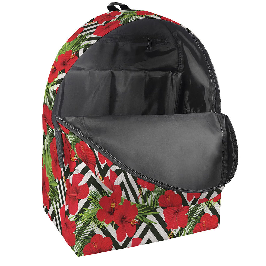 Red Hibiscus Chevron Pattern Print Backpack