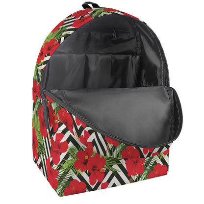 Red Hibiscus Chevron Pattern Print Backpack