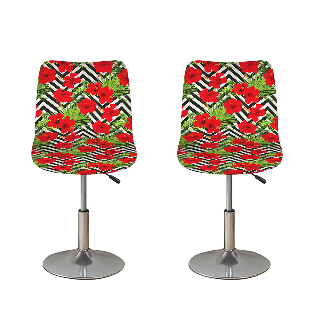 Red Hibiscus Chevron Pattern Print Bar Stool Covers