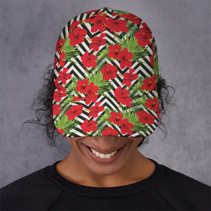 Red Hibiscus Chevron Pattern Print Baseball Cap