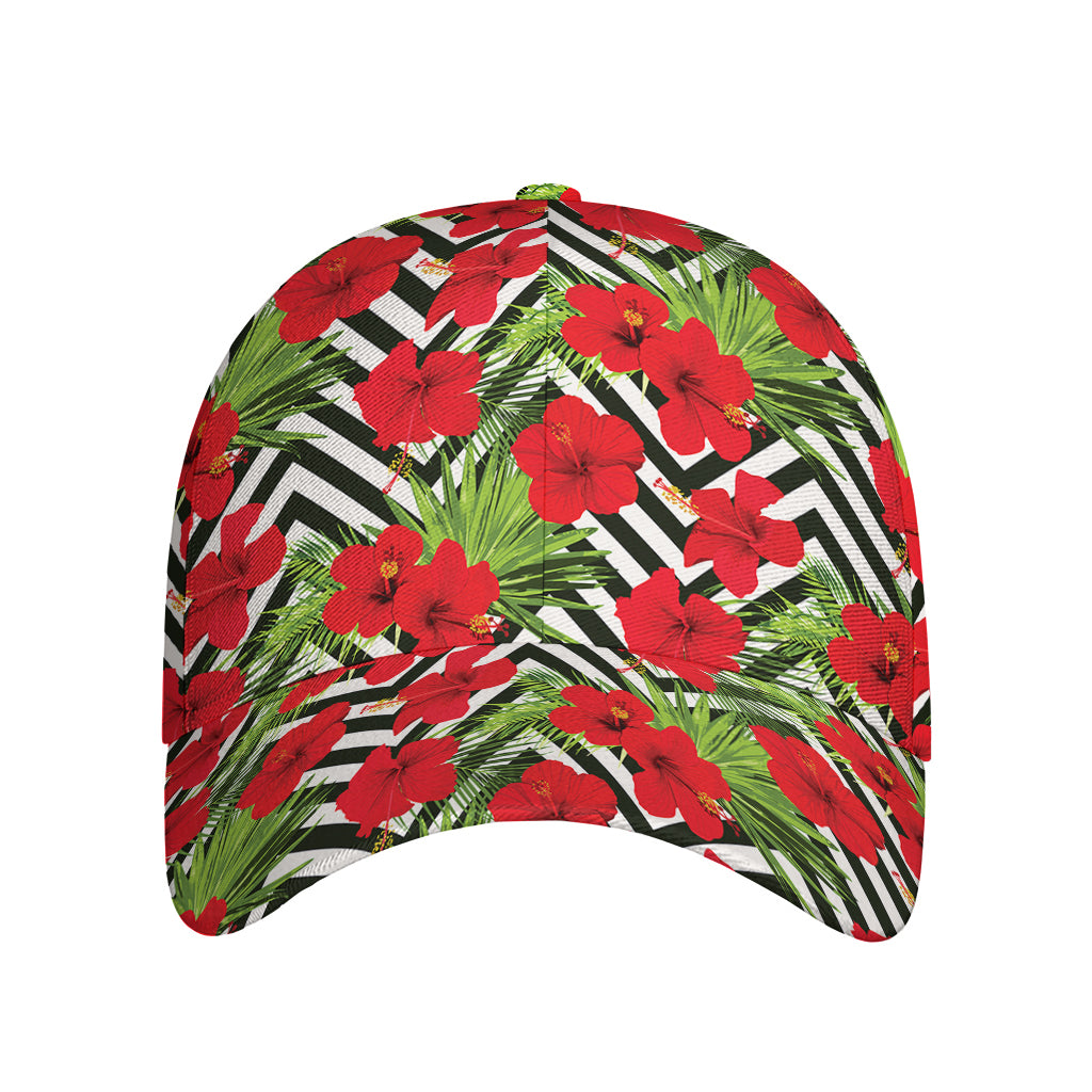 Red Hibiscus Chevron Pattern Print Baseball Cap