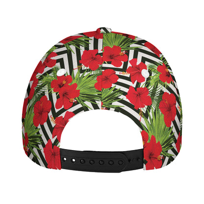 Red Hibiscus Chevron Pattern Print Baseball Cap