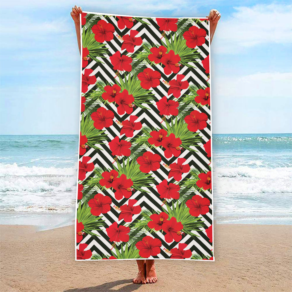 Red Hibiscus Chevron Pattern Print Beach Towel