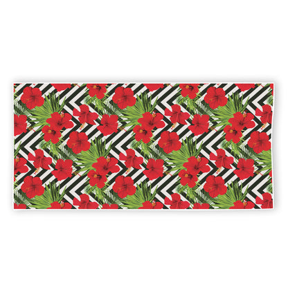 Red Hibiscus Chevron Pattern Print Beach Towel
