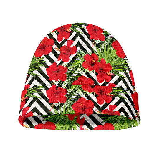 Red Hibiscus Chevron Pattern Print Beanie