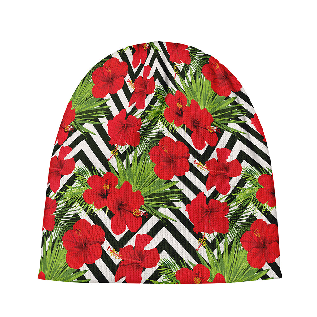 Red Hibiscus Chevron Pattern Print Beanie