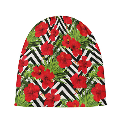 Red Hibiscus Chevron Pattern Print Beanie
