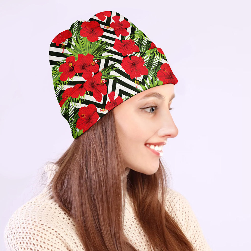 Red Hibiscus Chevron Pattern Print Beanie