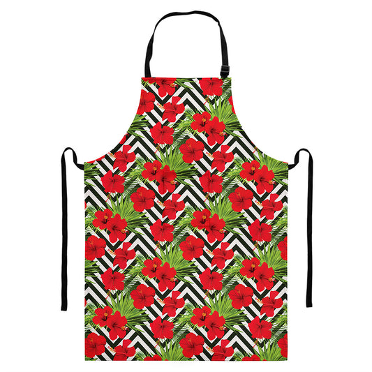 Red Hibiscus Chevron Pattern Print Bib Apron With Pocket