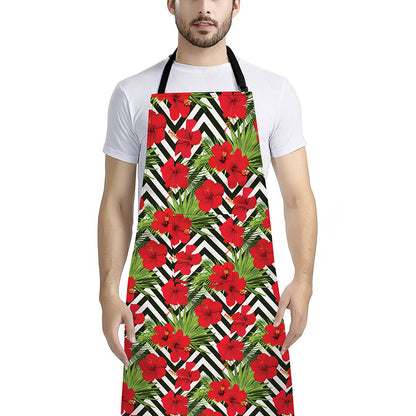 Red Hibiscus Chevron Pattern Print Bib Apron With Pocket