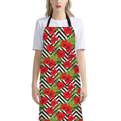 Red Hibiscus Chevron Pattern Print Bib Apron With Pocket