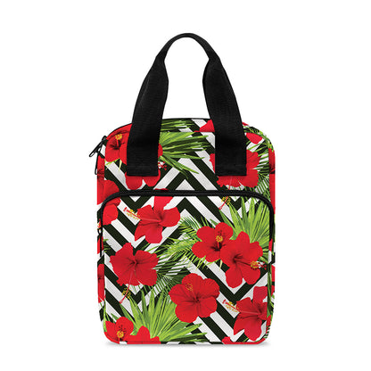 Red Hibiscus Chevron Pattern Print Bible Tote Bag