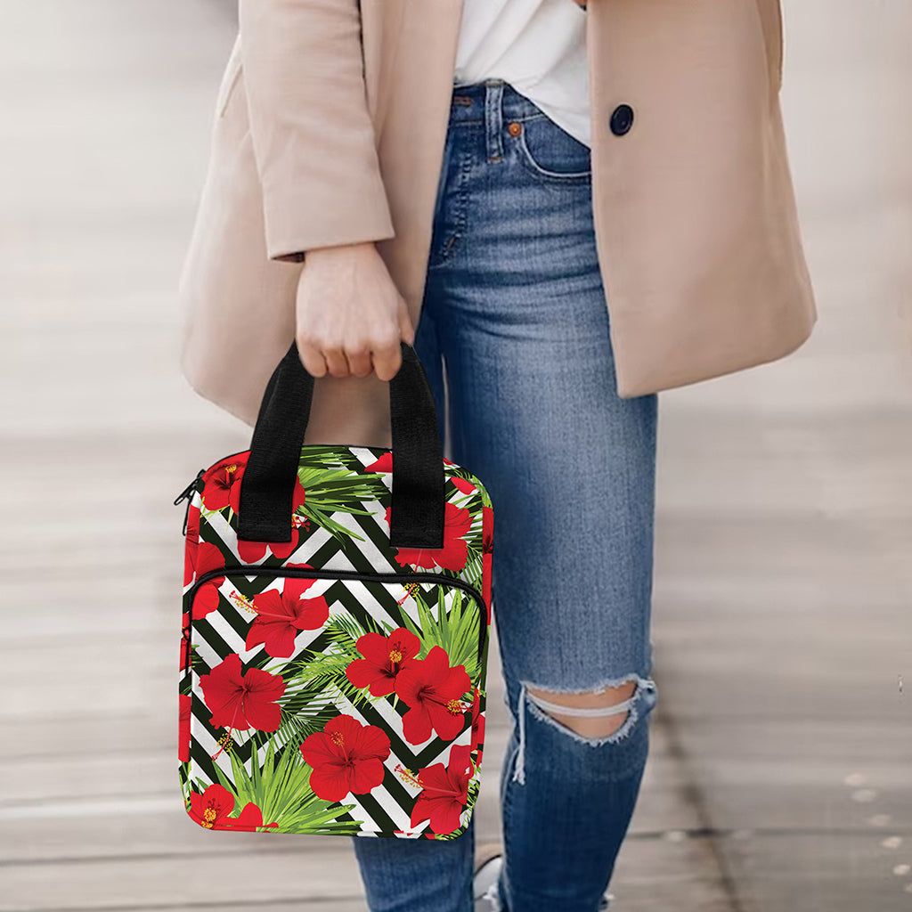 Red Hibiscus Chevron Pattern Print Bible Tote Bag