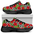 Red Hibiscus Chevron Pattern Print Black Chunky Shoes