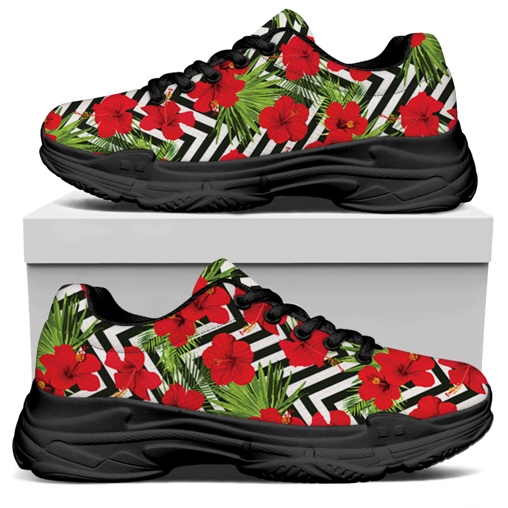 Red Hibiscus Chevron Pattern Print Black Chunky Shoes