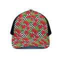 Red Hibiscus Chevron Pattern Print Black Mesh Trucker Hat