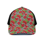 Red Hibiscus Chevron Pattern Print Black Mesh Trucker Cap