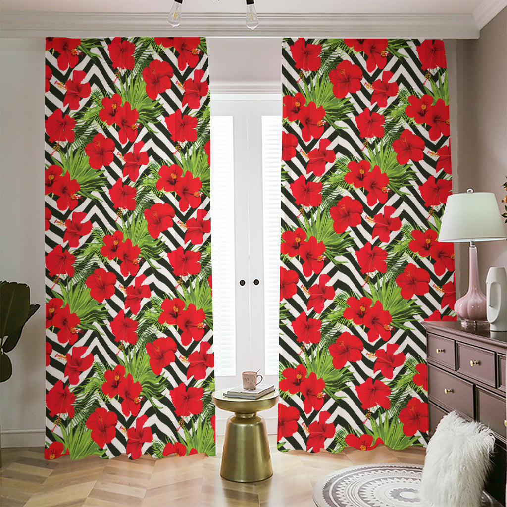 Red Hibiscus Chevron Pattern Print Blackout Pencil Pleat Curtains