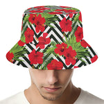 Red Hibiscus Chevron Pattern Print Bucket Hat