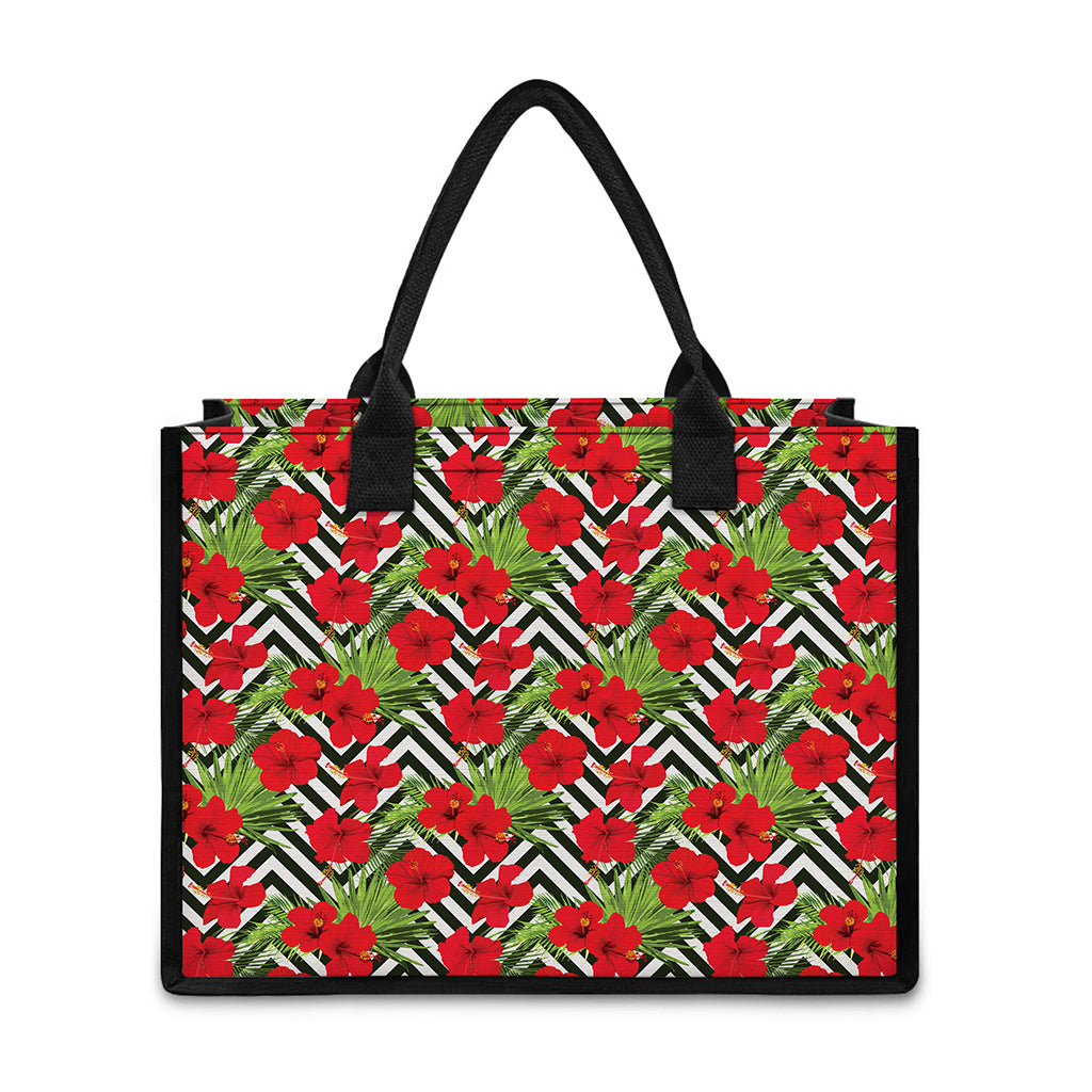 Red Hibiscus Chevron Pattern Print Canvas Tote Bag