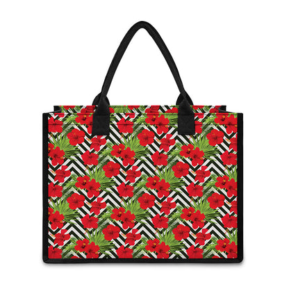 Red Hibiscus Chevron Pattern Print Canvas Tote Bag