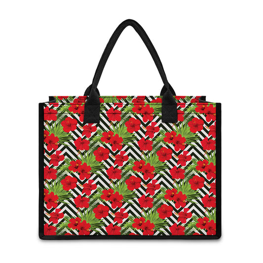 Red Hibiscus Chevron Pattern Print Canvas Tote Bag