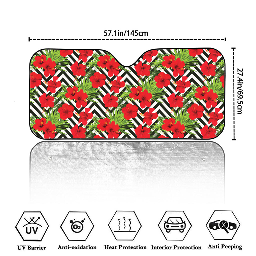 Red Hibiscus Chevron Pattern Print Car Windshield Sun Shade