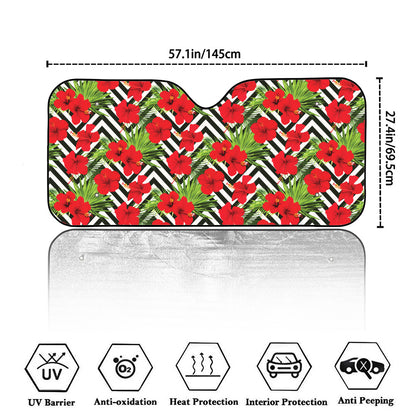 Red Hibiscus Chevron Pattern Print Car Windshield Sun Shade