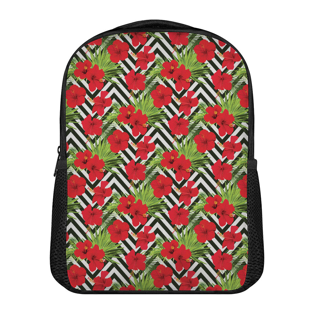 Red Hibiscus Chevron Pattern Print Casual Backpack