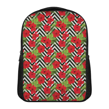 Red Hibiscus Chevron Pattern Print Casual Backpack