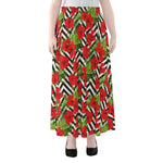 Red Hibiscus Chevron Pattern Print Chiffon Maxi Skirt