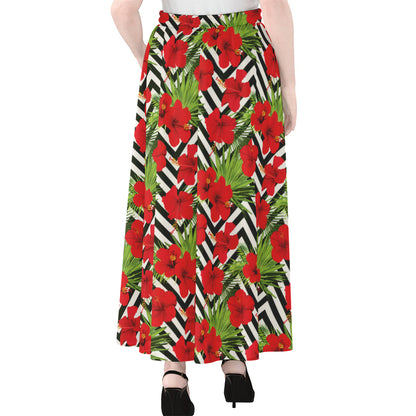 Red Hibiscus Chevron Pattern Print Chiffon Maxi Skirt