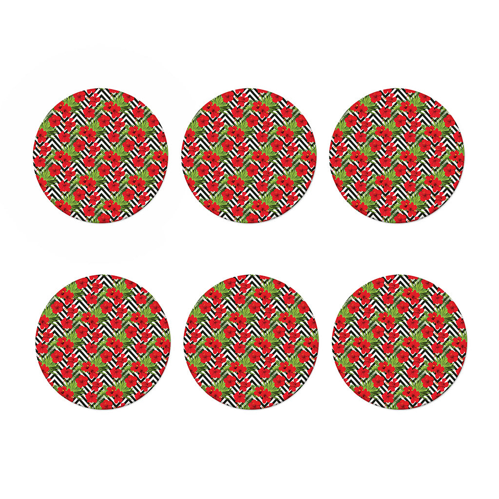 Red Hibiscus Chevron Pattern Print Coaster Set