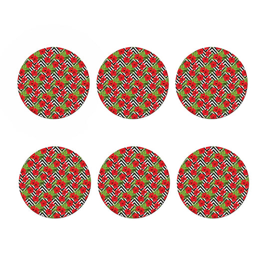 Red Hibiscus Chevron Pattern Print Coaster Set