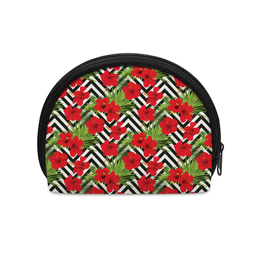 Red Hibiscus Chevron Pattern Print Coin Purse