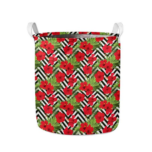 Red Hibiscus Chevron Pattern Print Collapsible Laundry Basket