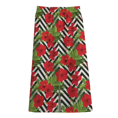 Red Hibiscus Chevron Pattern Print Cotton Front Slit Maxi Skirt