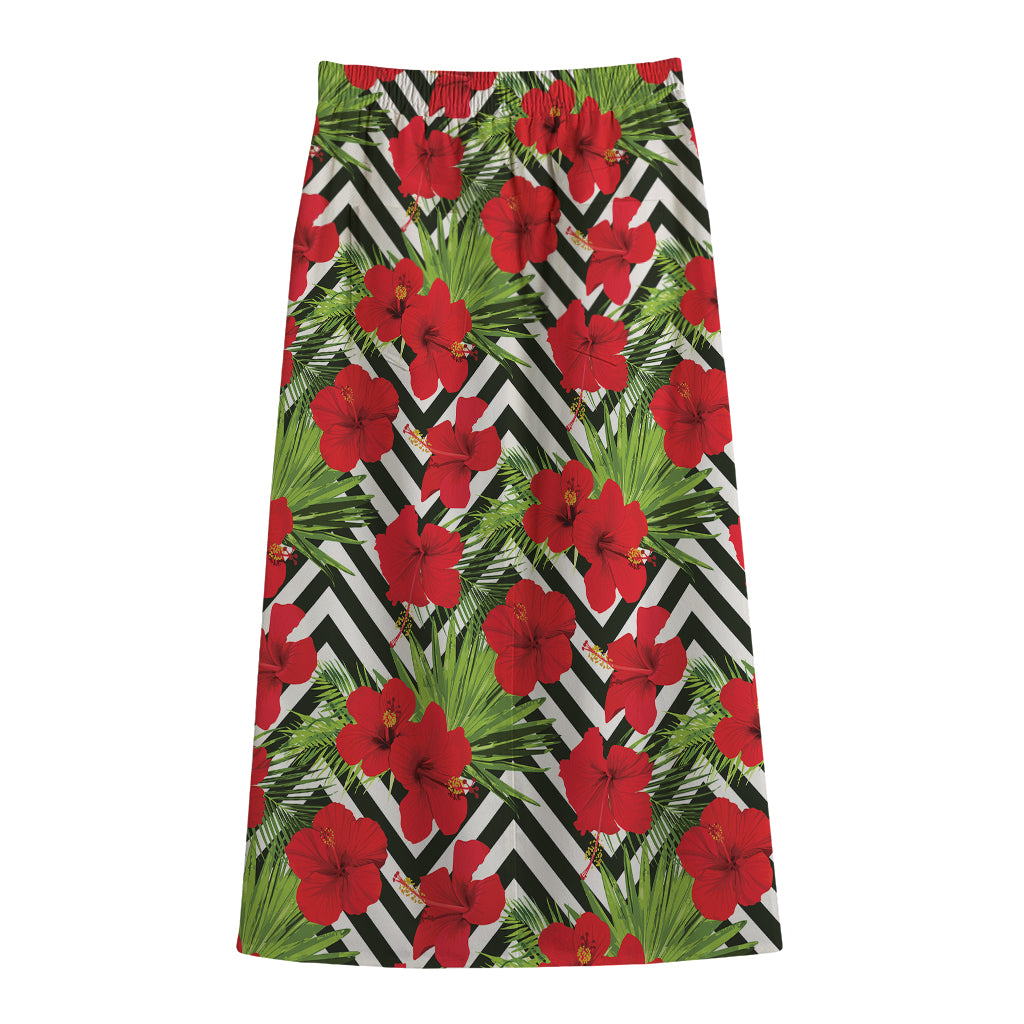 Red Hibiscus Chevron Pattern Print Cotton Front Slit Maxi Skirt