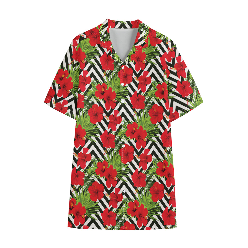 Red Hibiscus Chevron Pattern Print Cotton Hawaiian Shirt