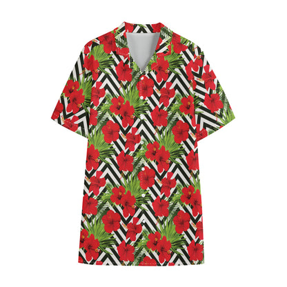 Red Hibiscus Chevron Pattern Print Cotton Hawaiian Shirt