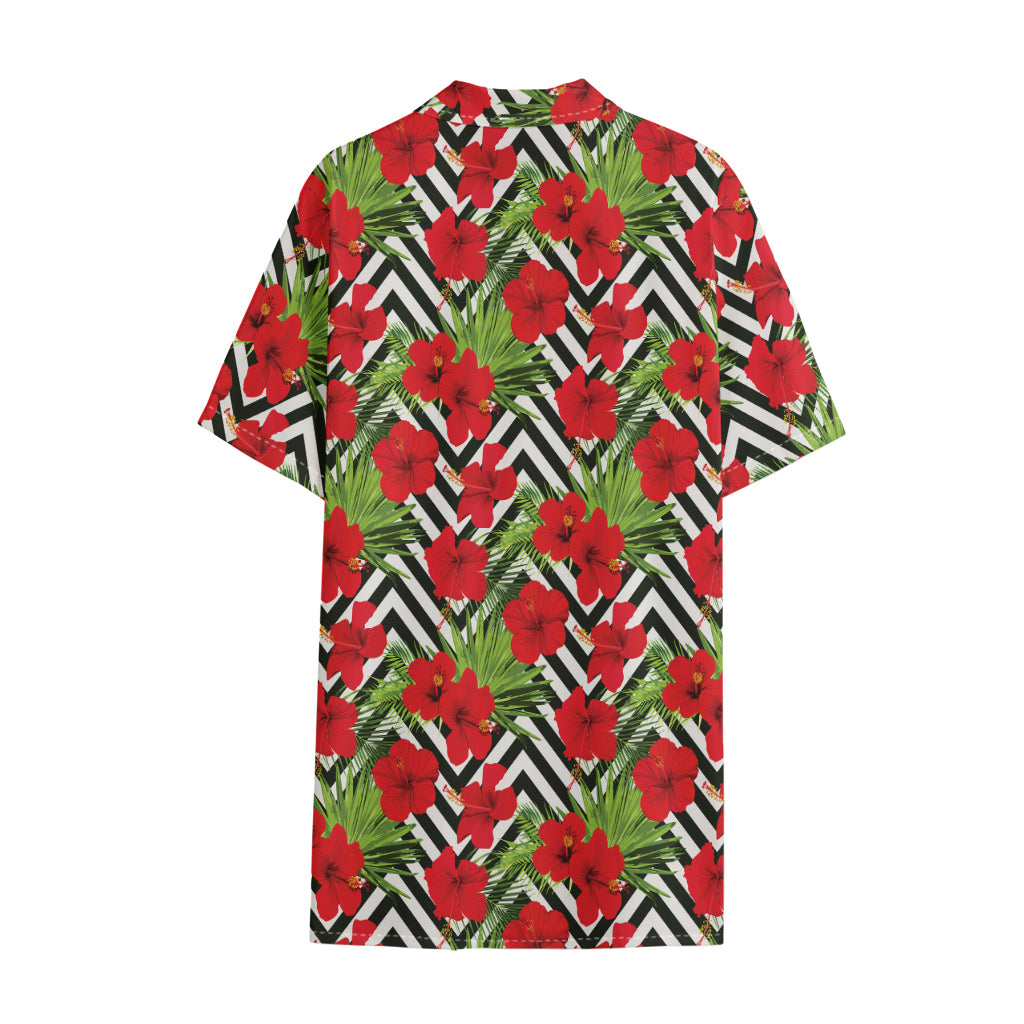 Red Hibiscus Chevron Pattern Print Cotton Hawaiian Shirt