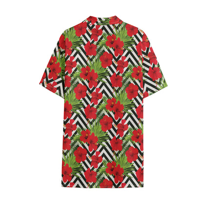 Red Hibiscus Chevron Pattern Print Cotton Hawaiian Shirt