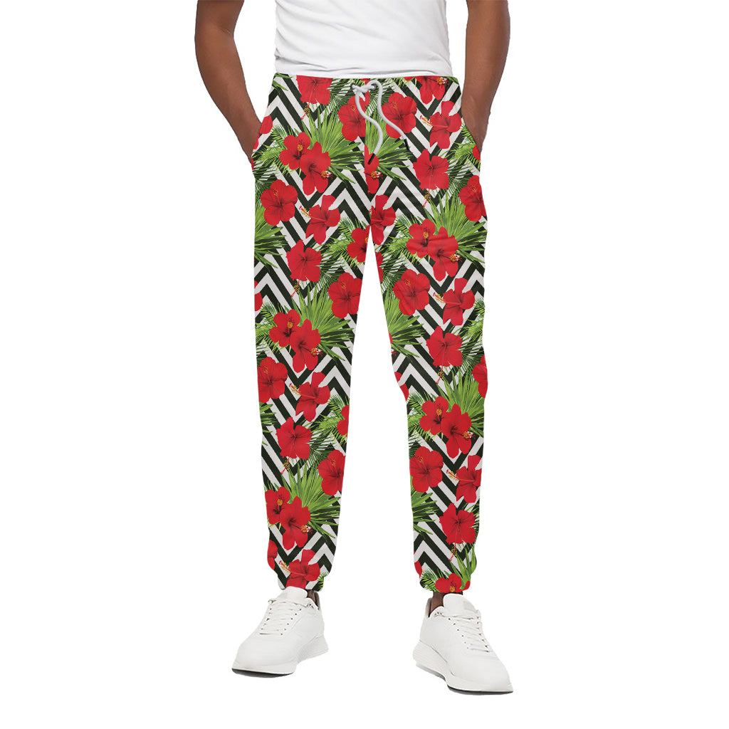 Red Hibiscus Chevron Pattern Print Cotton Pants