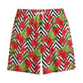 Red Hibiscus Chevron Pattern Print Cotton Shorts