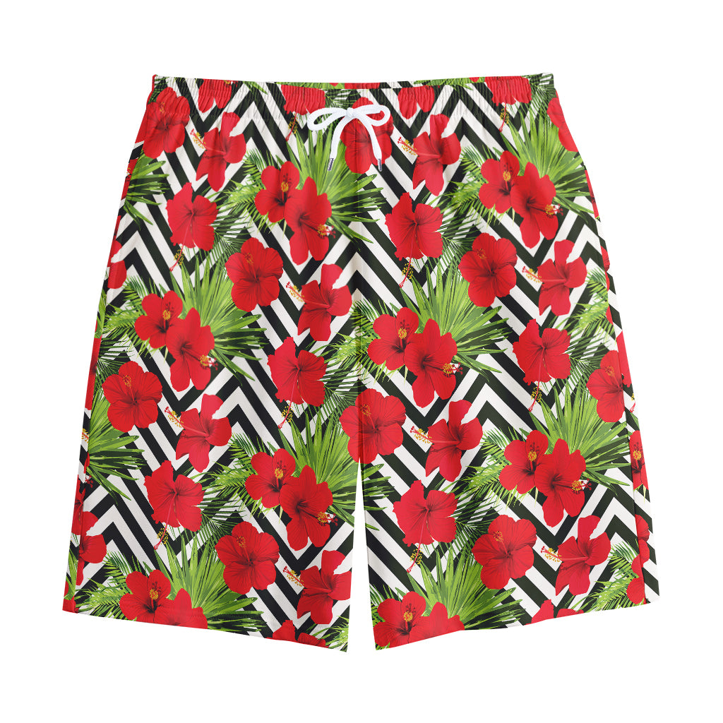 Red Hibiscus Chevron Pattern Print Cotton Shorts