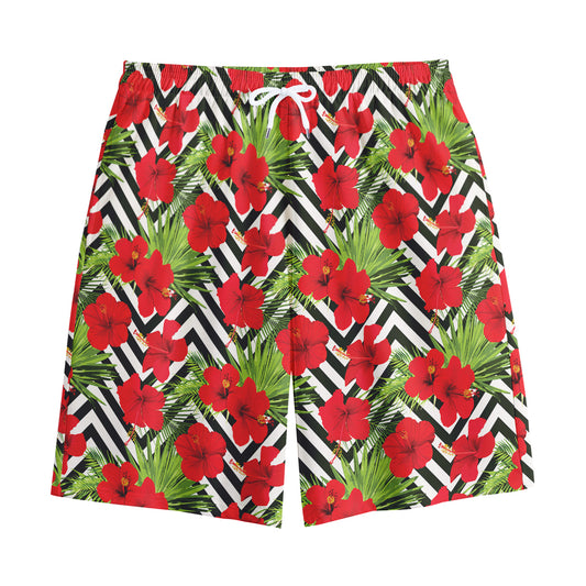 Red Hibiscus Chevron Pattern Print Cotton Shorts
